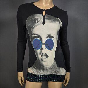 Desigual Mod Twiggy Girl Face Print Top Size S 2000s Black Pop Art Indie Sleaze